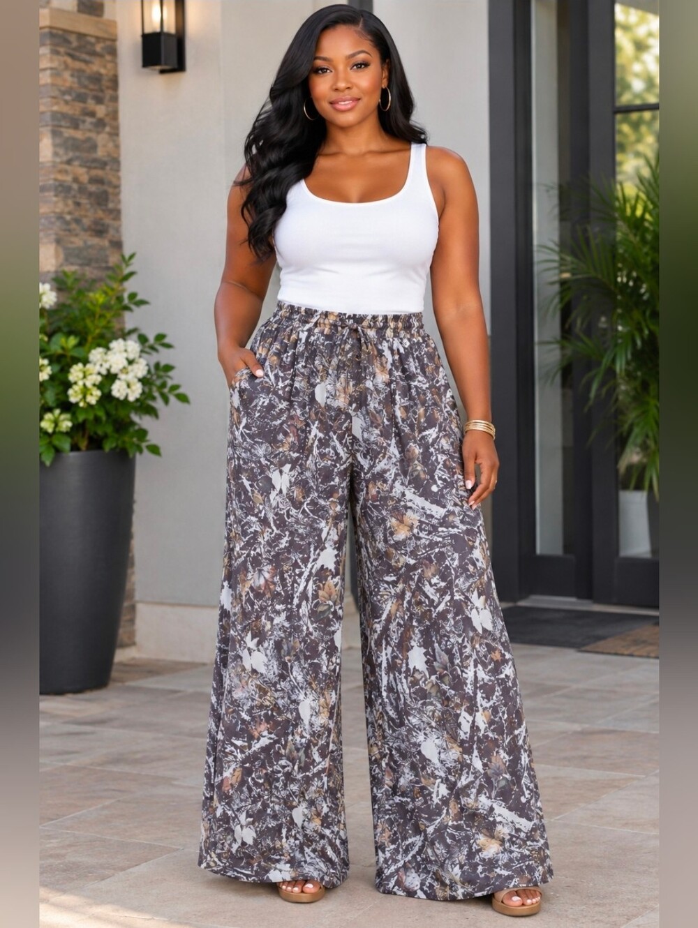 NEW!! Lucky & Blessed White and Brown Wide Leg Printed Camo Pants, NWT